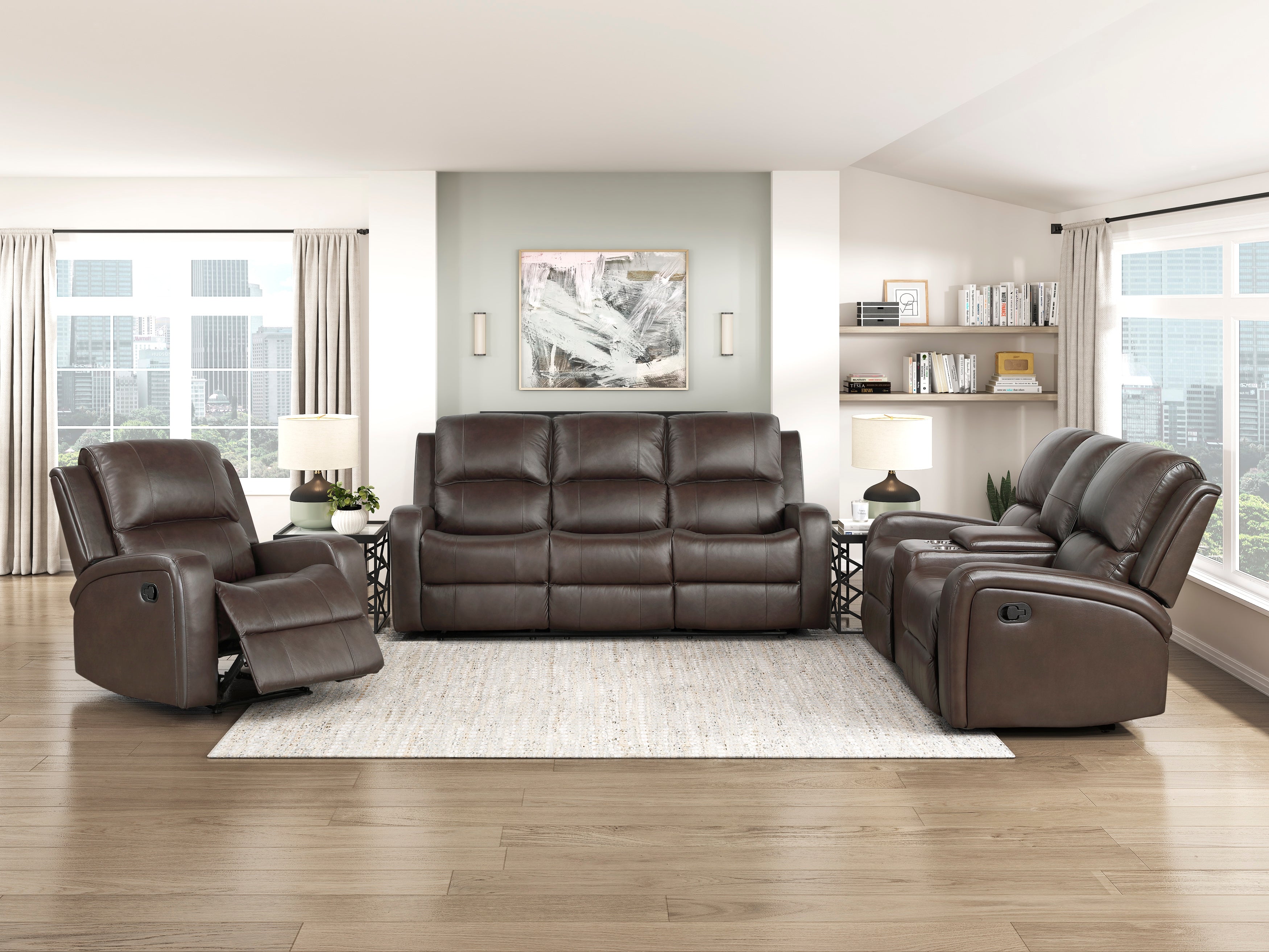 [3セットアップ] DSxBS BROWN LEATHER 3PEACE Homelegance Austin Brown Genuine Leather Double Reclining Sofa