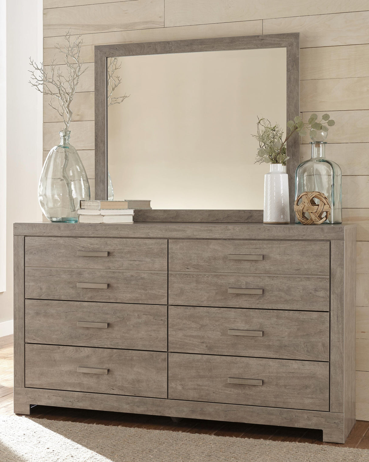 Culverbach Gray Queen Panel Bed with Mirrored Dresser, Chest and 2 Nightstands from Ashley - Luna Furniture