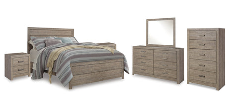 Culverbach Gray Queen Panel Bed with Mirrored Dresser, Chest and 2 Nightstands from Ashley Furniture - Luna Furniture
