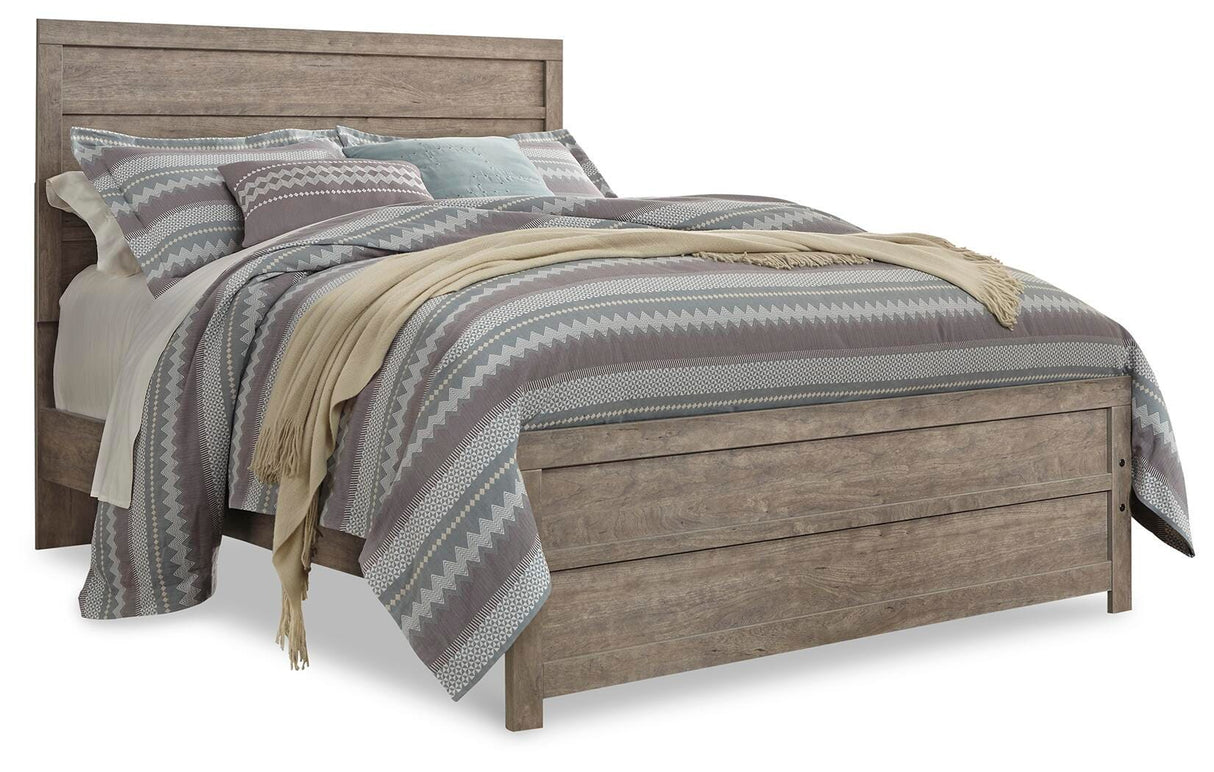 Culverbach Gray Queen Panel Bed with Mirrored Dresser, Chest and 2 Nightstands from Ashley Furniture - Luna Furniture