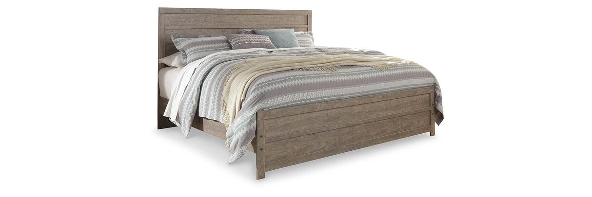Culverbach King Panel Bed with Mirrored Dresser and 2 Nightstands in Gray from Ashley Furniture - Luna Furniture