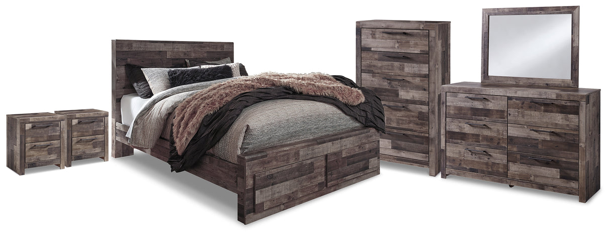 Derekson Queen Panel Bed with 2 Storage Drawers with Mirrored Dresser, Chest and 2 Nightstands in Multi Gray from Ashley Furniture - Luna Furniture