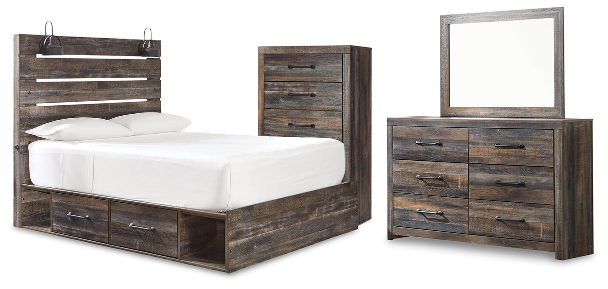 Drystan Queen Panel Bed with 2 Storage Drawers with Mirrored Dresser and Chest in Multi from Ashley Furniture - Luna Furniture