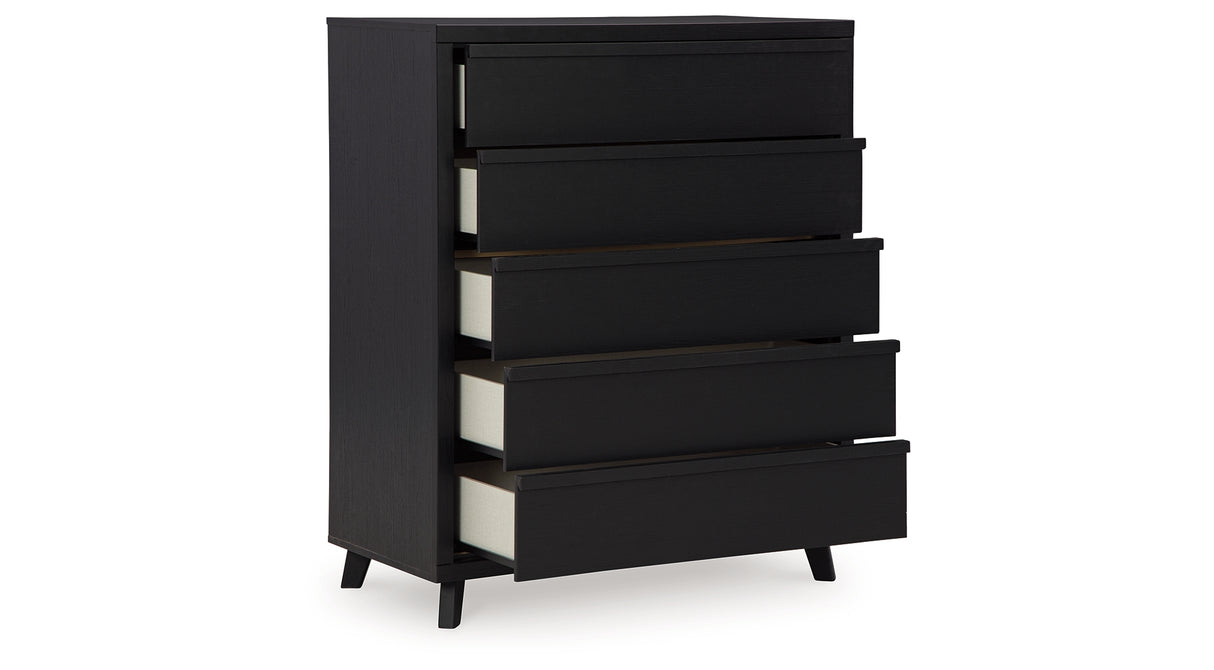 Danziar King Panel Headboard with Mirrored Dresser, Chest and 2 Nightstands in Black from Ashley - Luna Furniture