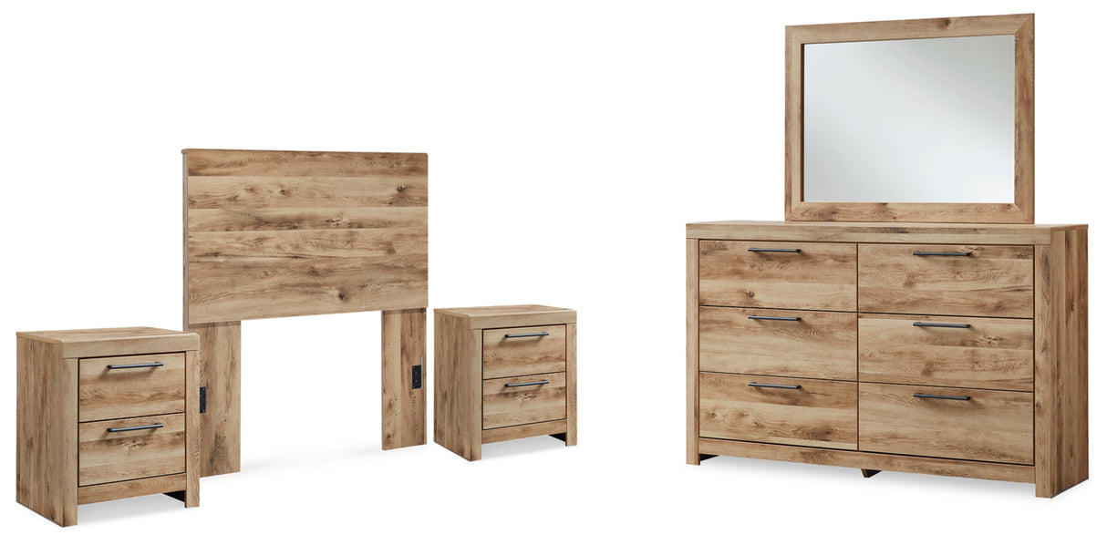 Hyanna Twin Panel Headboard with Mirrored Dresser and 2 Nightstands in Tan Brown from Ashley Furniture - Luna Furniture