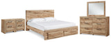 HyannaT an Brown King Panel Storage Bed with Mirrored Dresser and 2 Nightstands from Ashley - Luna Furniture