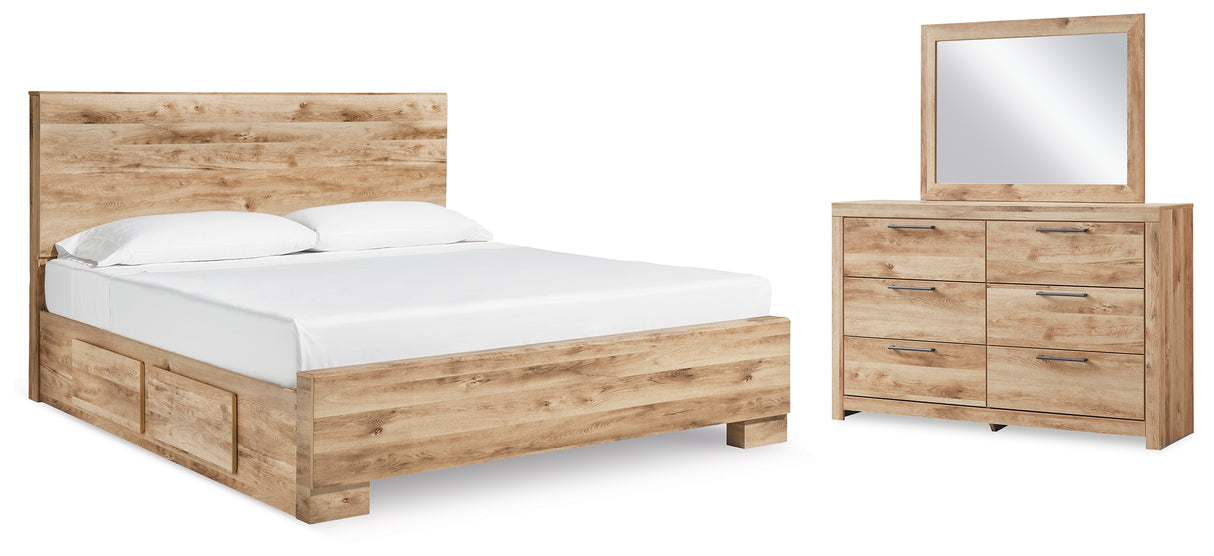 Hyanna Tan Brown King Panel Bed with 2 Side Storage, Dresser and Mirror from Ashley - Luna Furniture