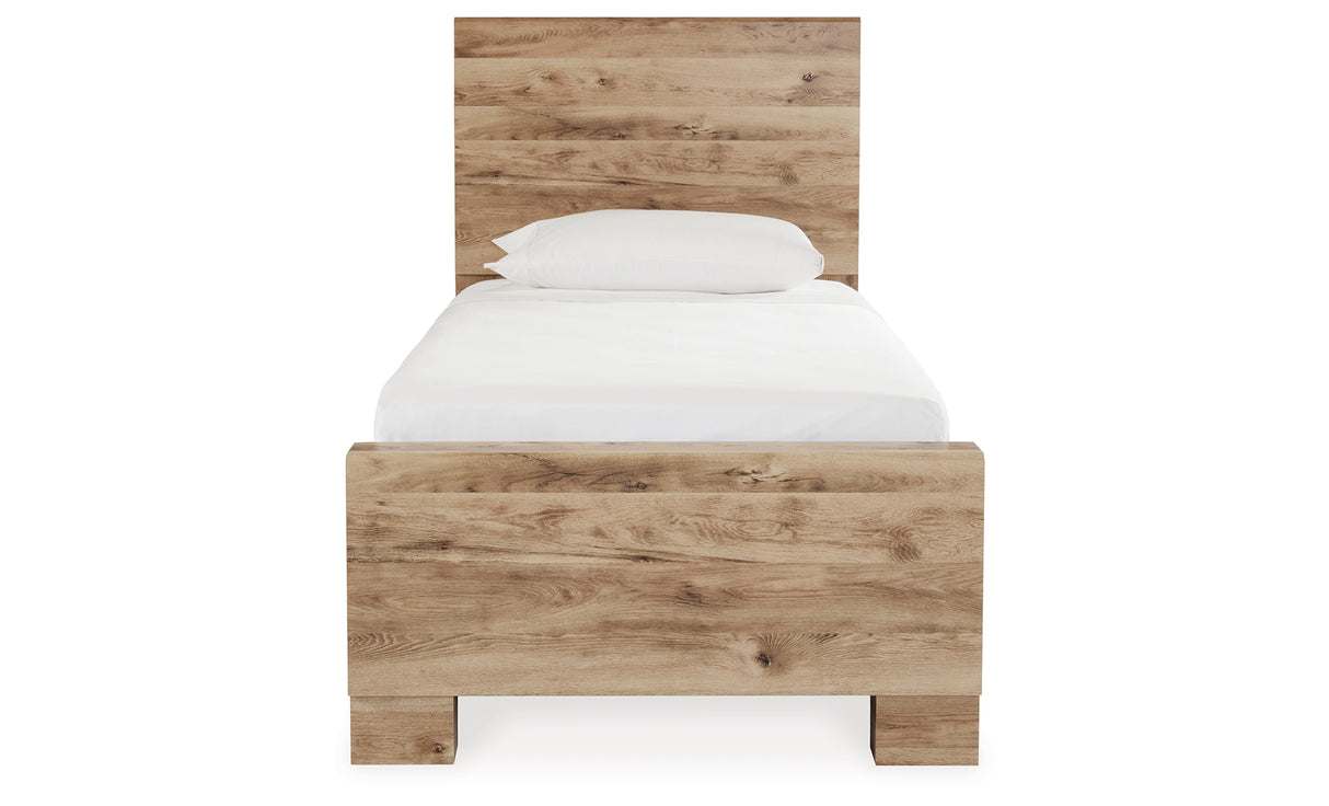 Hyanna Twin Panel Bed with Storage with Mirrored Dresser and 2 Nightstands in Tan Brown from Ashley - Luna Furniture
