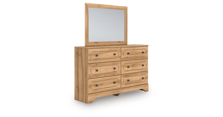 Aleaport Queen Panel Bed with Mirrored Dresser in Warm Brown from Ashley - Luna Furniture