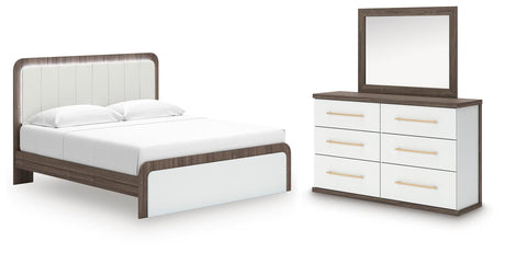 Kendanport Brown/White King Upholstered Bed, Dresser and Mirror from Ashley Furniture - Luna Furniture