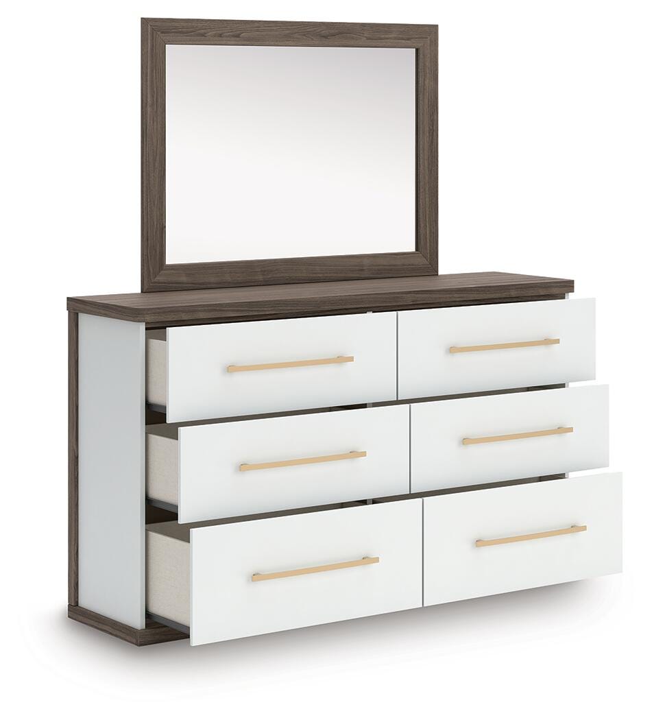 Kendanport Brown/White King Upholstered Bed, Dresser and Mirror from Ashley Furniture - Luna Furniture
