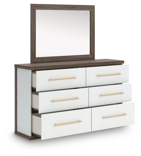 Kendanport Brown/White King Upholstered Bed, Dresser and Mirror from Ashley Furniture - Luna Furniture
