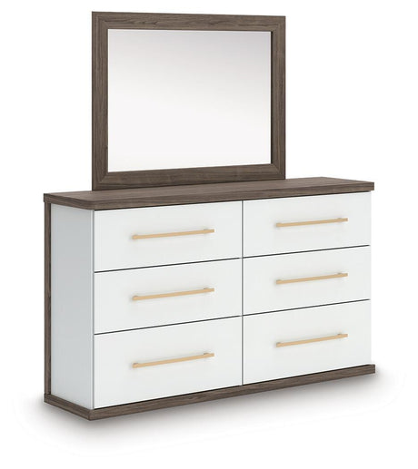 Kendanport Brown/White King Upholstered Bed, Dresser and Mirror from Ashley Furniture - Luna Furniture
