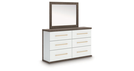 Kendanport White/Brown Queen Upholstered Bed, Dresser, Mirror and Nightstand from Ashley Furniture - Luna Furniture