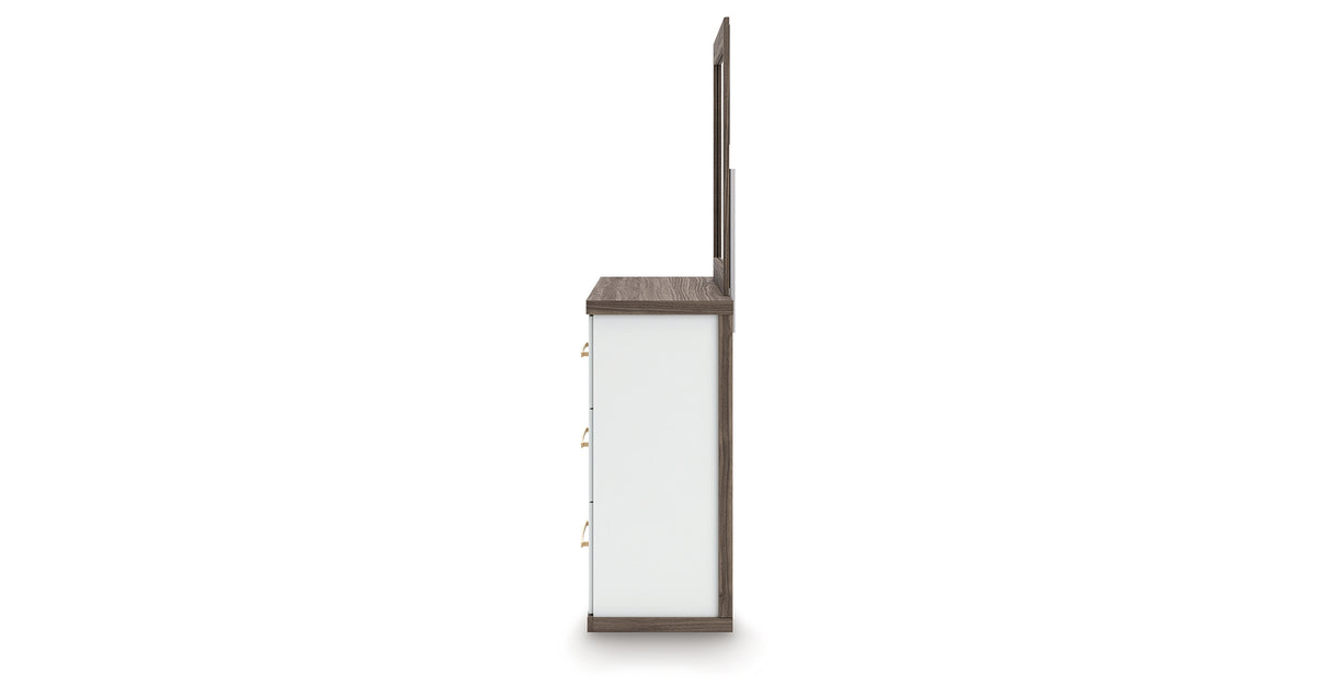 Kendanport White/Brown Queen Upholstered Bed, Dresser, Mirror and Nightstand from Ashley Furniture - Luna Furniture