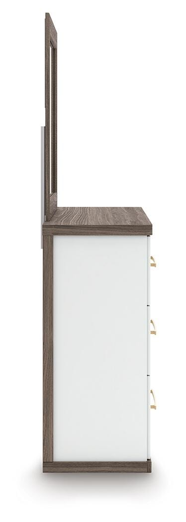 Kendanport Brown/White King Upholstered Bed, Dresser and Mirror from Ashley Furniture - Luna Furniture