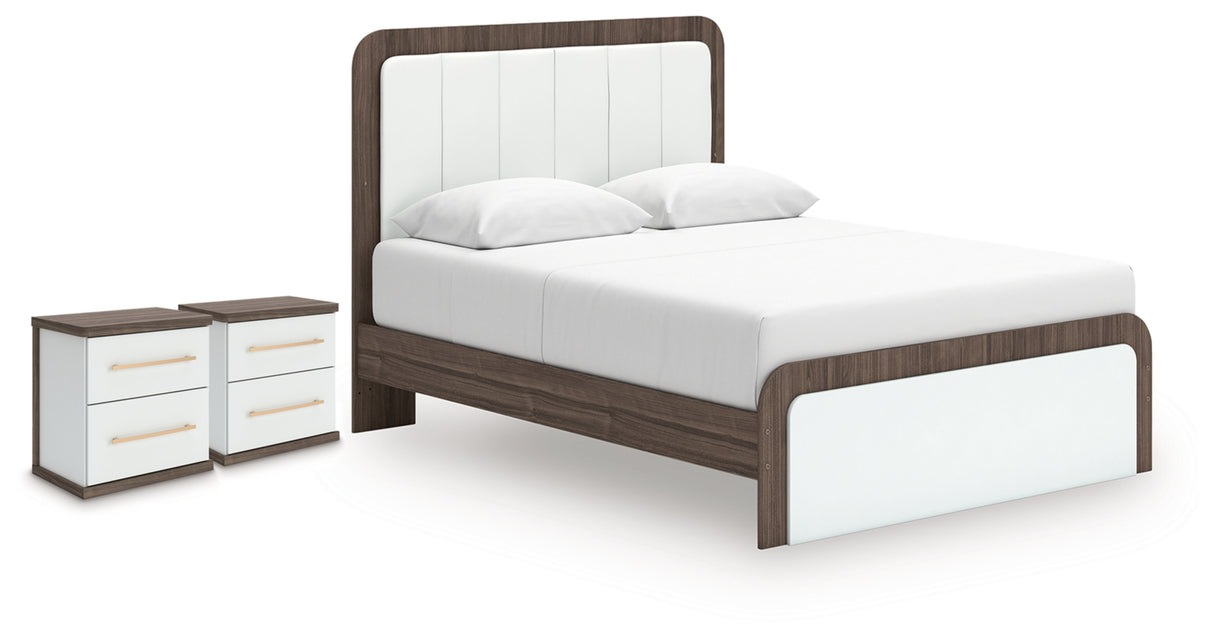 Kendanport White/Brown Queen Upholstered Bed and 2 Nightstands from Ashley - Luna Furniture