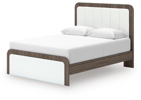 Kendanport White/Brown Queen Upholstered Bed and 2 Nightstands from Ashley - Luna Furniture