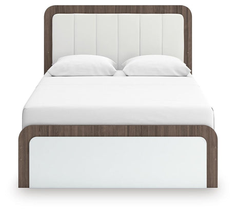 Kendanport White/Brown Queen Upholstered Bed and 2 Nightstands from Ashley - Luna Furniture