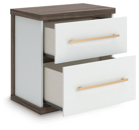 Kendanport White/Brown Queen Upholstered Bed and 2 Nightstands from Ashley - Luna Furniture