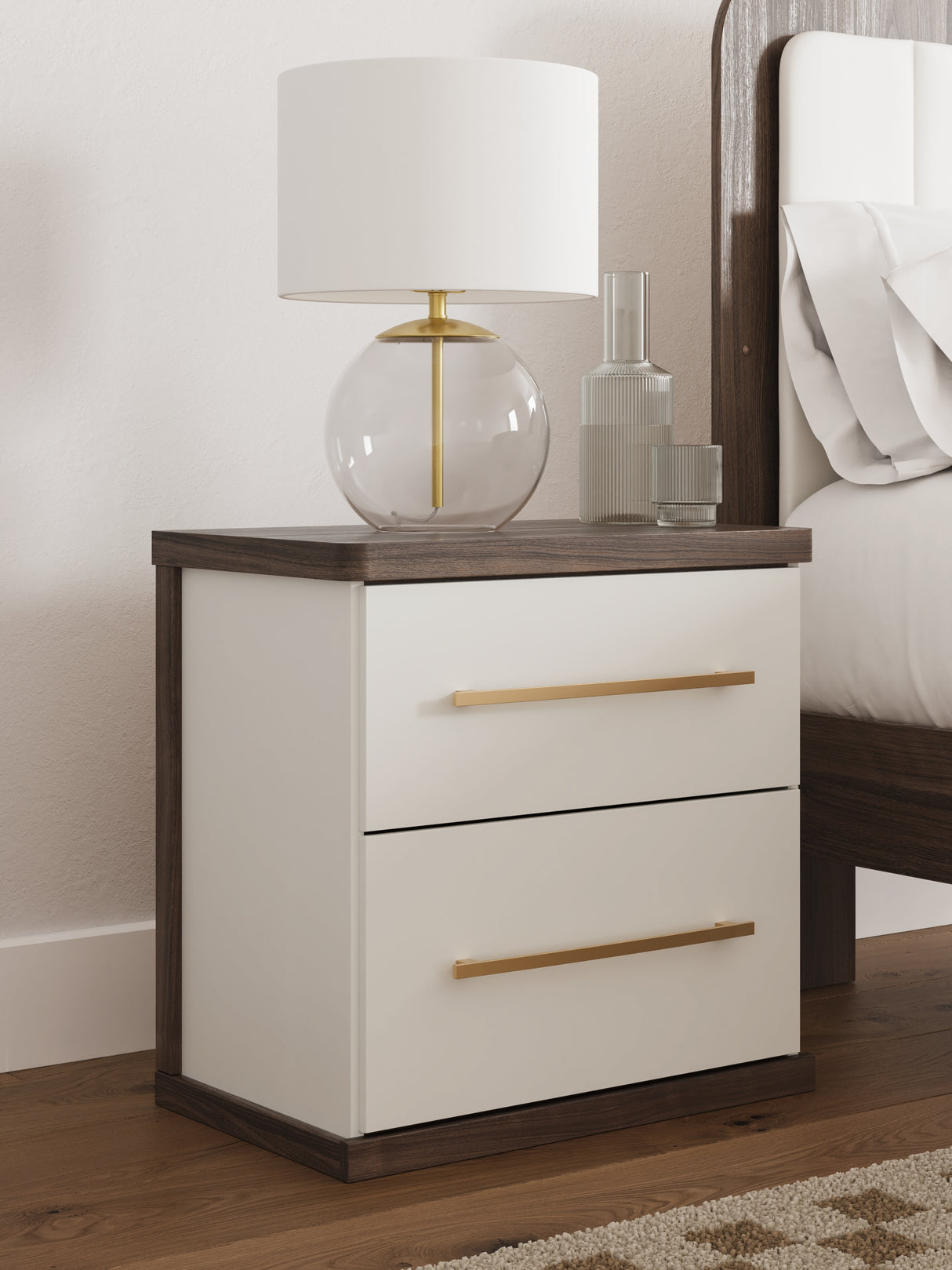 Kendanport White/Brown Queen Upholstered Bed and 2 Nightstands from Ashley - Luna Furniture