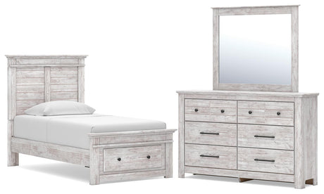 Makidern Whitewash Twin Panel Storage Bed, Dresser and Mirror from Ashley - Luna Furniture