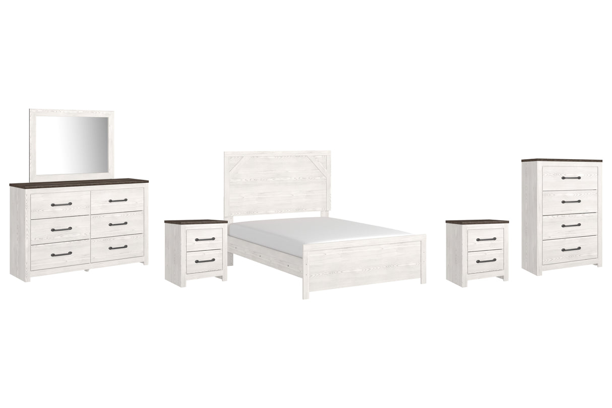 Gerridan Full Panel Bed with Mirrored Dresser, Chest and 2 Nightstands in White/Gray from Ashley - Luna Furniture