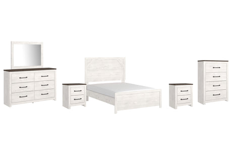 Gerridan Full Panel Bed with Mirrored Dresser, Chest and 2 Nightstands in White/Gray from Ashley - Luna Furniture