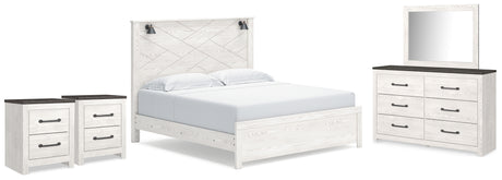 Gerridan King Panel Bed with Mirrored Dresser and 2 Nightstands in White/Gray from Ashley - Luna Furniture