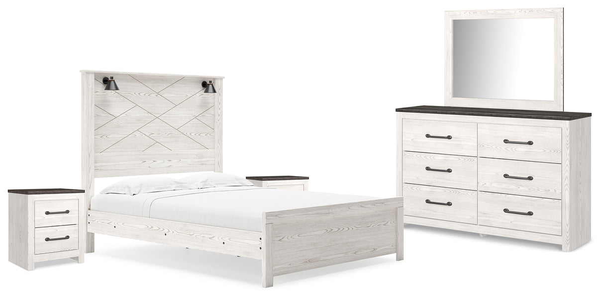 Gerridan Queen Panel Bed with Mirrored Dresser and 2 Nightstands in White/Gray from Ashley Furniture - Luna Furniture