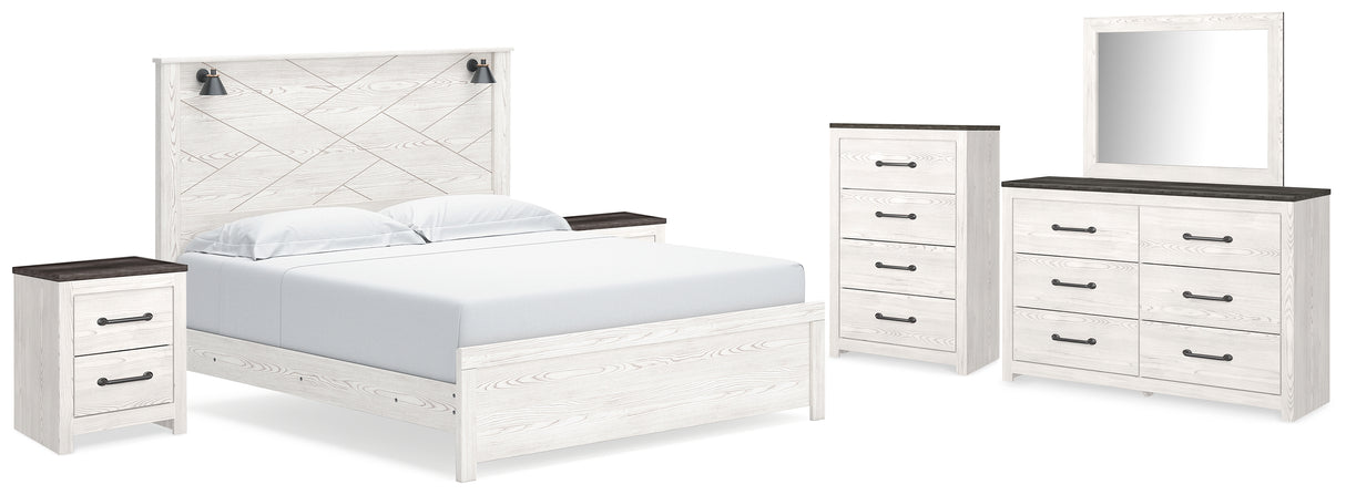Gerridan King Panel Bed with Mirrored Dresser, Chest and 2 Nightstands in White/Gray from Ashley Furniture - Luna Furniture