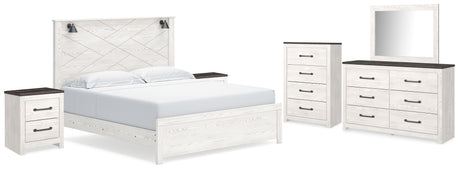 Gerridan King Panel Bed with Mirrored Dresser, Chest and 2 Nightstands in White/Gray from Ashley - Luna Furniture