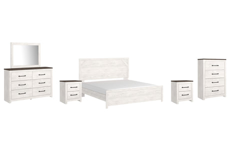 Gerridan King Panel Bed with Mirrored Dresser, Chest and 2 Nightstands in White/Gray from Ashley - Luna Furniture