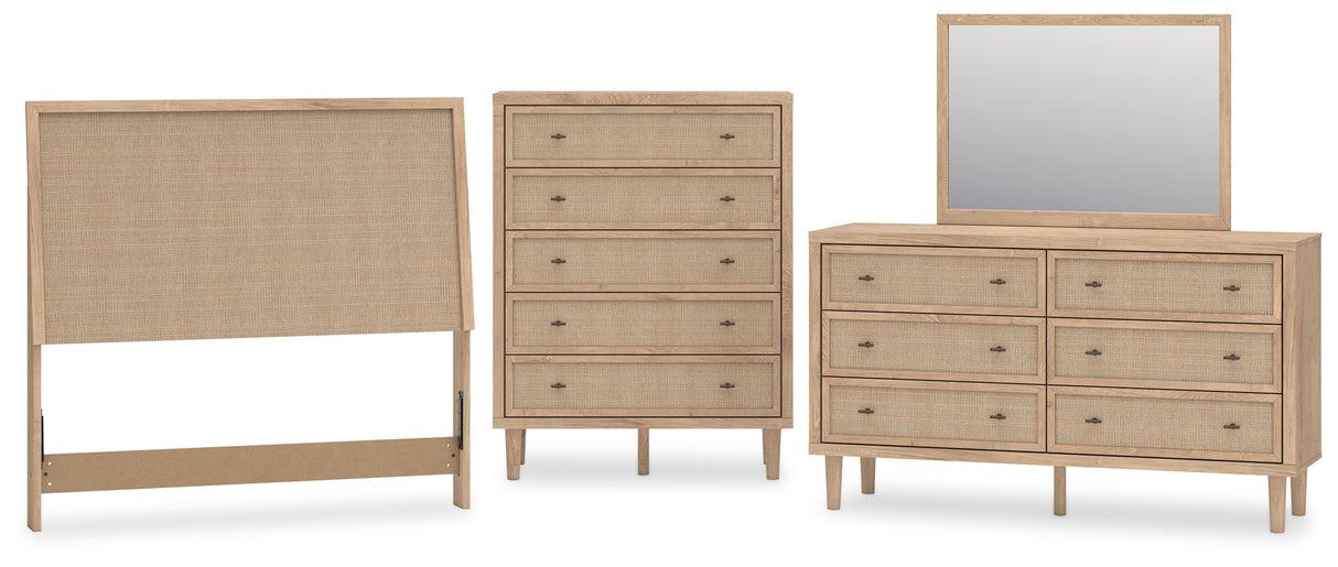 Cielden Full Upholstered Panel Bed with Mirrored Dresser and Chest in Two-tone from Ashley Furniture - Luna Furniture