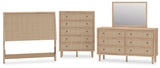 Cielden Full Upholstered Panel Bed with Mirrored Dresser and Chest in Two-tone from Ashley Furniture - Luna Furniture