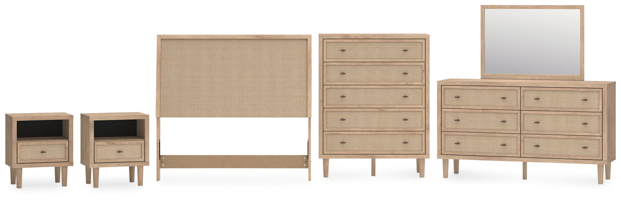 Cielden Full Upholstered Panel Bed with Mirrored Dresser, Chest and 2 Nightstands in Two-tone from Ashley Furniture - Luna Furniture