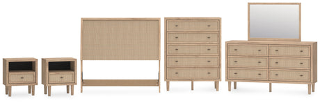 Cielden Full Upholstered Panel Bed with Mirrored Dresser, Chest and 2 Nightstands in Two-tone from Ashley Furniture - Luna Furniture