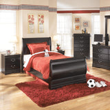 Huey Vineyard Twin Sleigh Bed with Mirrored Dresser, Chest and 2 Nightstands in Black from Ashley Furniture - Luna Furniture