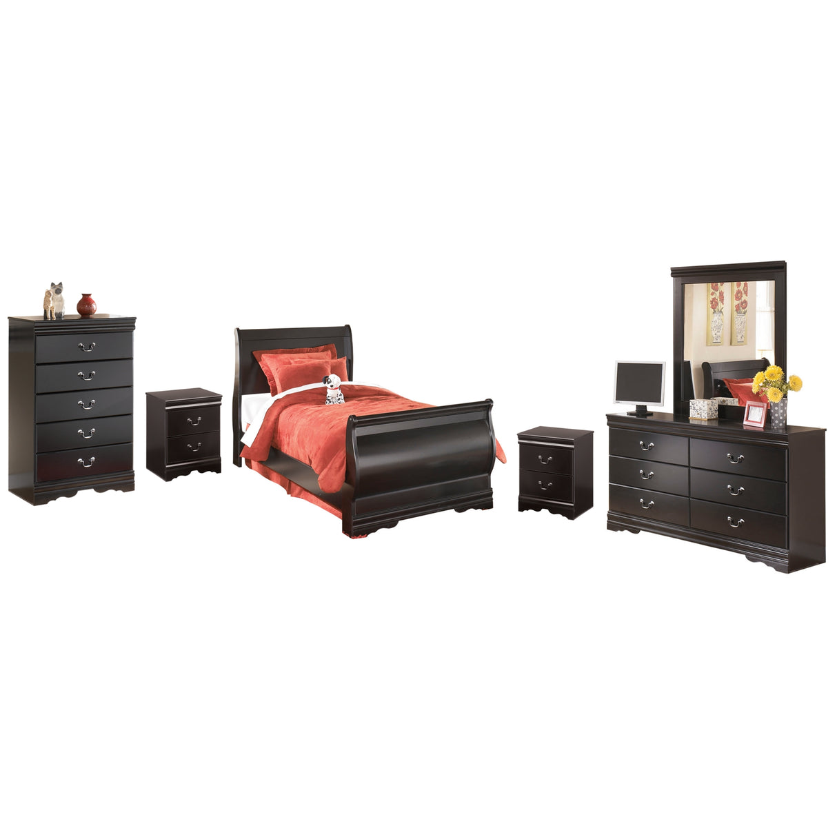Huey Vineyard Twin Sleigh Bed with Mirrored Dresser, Chest and 2 Nightstands in Black from Ashley Furniture - Luna Furniture