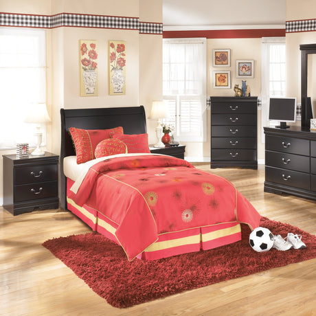 Huey Vineyard Twin Sleigh Headboard Bed with Mirrored Dresser, Chest and Nightstand in Black from Ashley Furniture - Luna Furniture