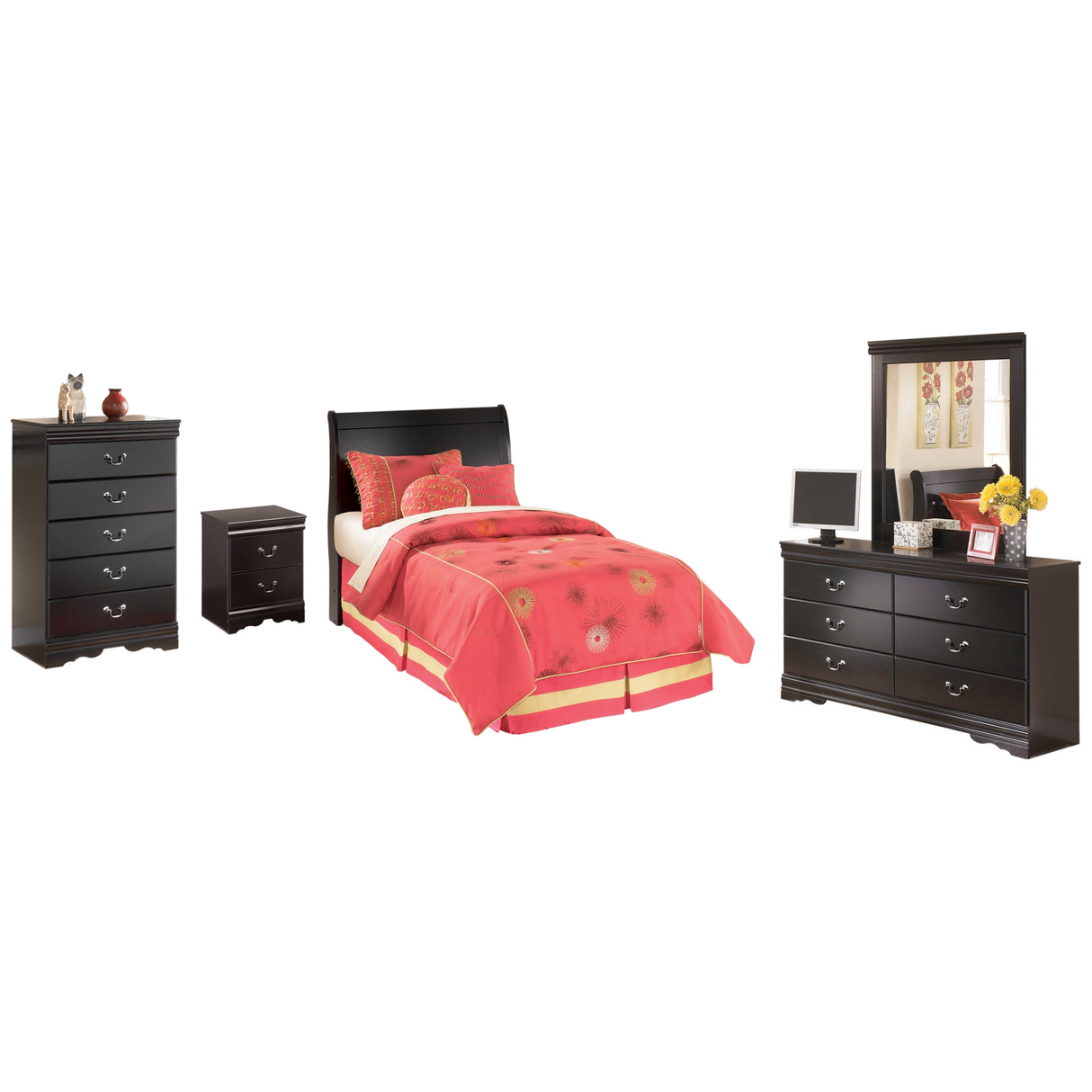 Huey Vineyard Twin Sleigh Headboard Bed with Mirrored Dresser, Chest and Nightstand in Black from Ashley Furniture - Luna Furniture