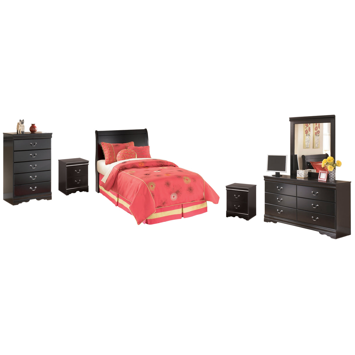 Huey Vineyard Twin Sleigh Headboard Bed with Mirrored Dresser, Chest and 2 Nightstands in Black from Ashley Furniture - Luna Furniture