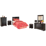 Huey Vineyard Twin Sleigh Headboard Bed with Mirrored Dresser, Chest and 2 Nightstands in Black from Ashley Furniture - Luna Furniture