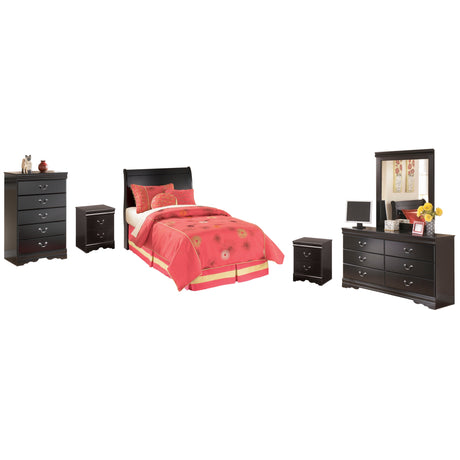 Huey Vineyard Twin Sleigh Headboard Bed with Mirrored Dresser, Chest and 2 Nightstands in Black from Ashley Furniture - Luna Furniture