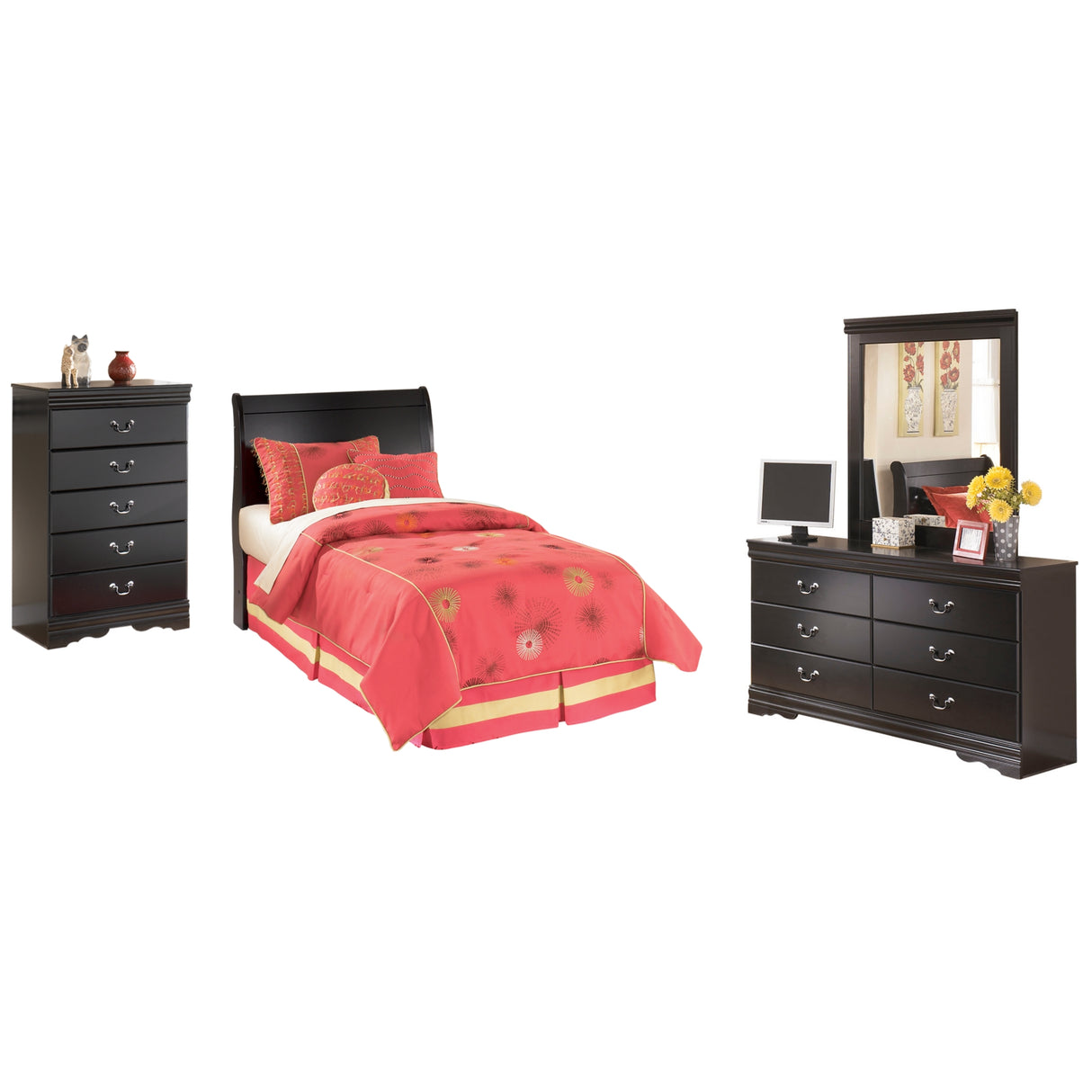 Huey Vineyard Twin Sleigh Headboard Bed with Mirrored Dresser and Chest in Black from Ashley Furniture - Luna Furniture