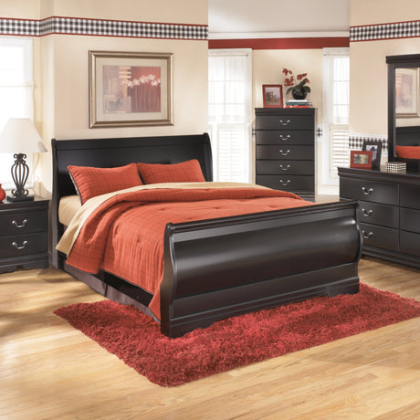 Huey Vineyard Queen Sleigh Bed with Mirrored Dresser, Chest and 2 Nightstands in Black from Ashley Furniture - Luna Furniture