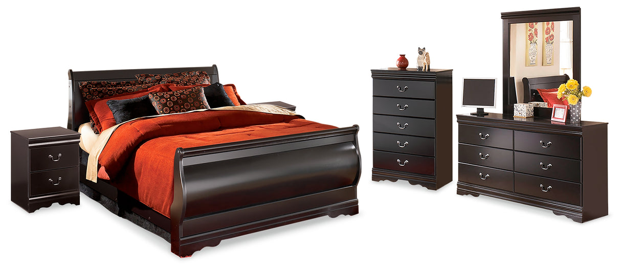 Huey Vineyard Queen Sleigh Bed with Mirrored Dresser, Chest and 2 Nightstands in Black from Ashley - Luna Furniture