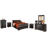 Huey Vineyard Queen Sleigh Bed with Mirrored Dresser, Chest and 2 Nightstands in Black from Ashley Furniture - Luna Furniture