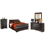 Huey Vineyard Queen Sleigh Bed with Mirrored Dresser and Chest in Black from Ashley Furniture - Luna Furniture