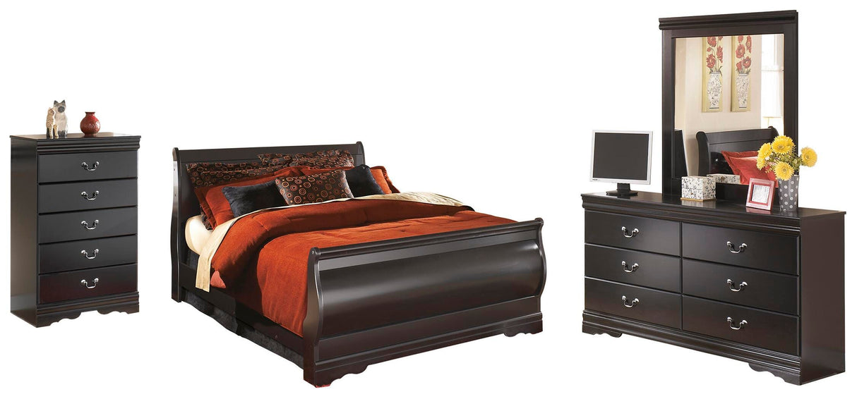 Huey Vineyard Black Queen Sleigh Bed with Mirrored Dresser and Chest in Black from Ashley Furniture - Luna Furniture